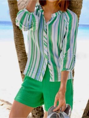 TALBOTS Pintuck Cruise Stripe Button Front Top Size Large